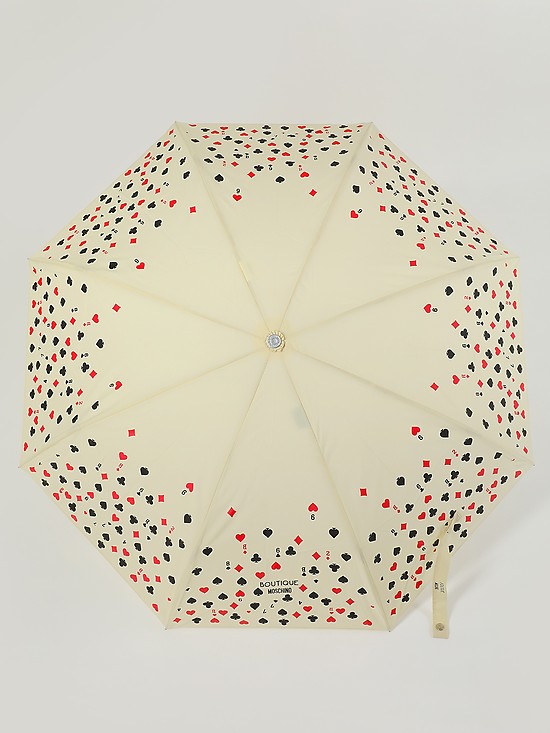 Бежевый складной зонт с принтом сердец  Moschino