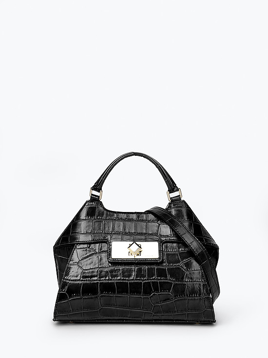 Небольшая черная сумочка-сэтчел из плотной кожи под крокодила  Arcadia