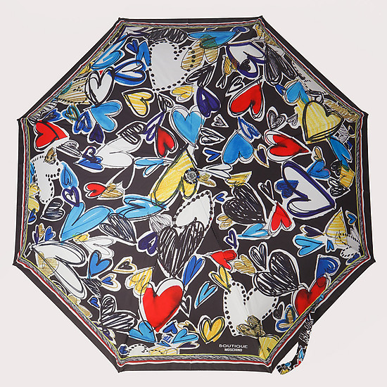 Черный складной зонт с принтом из разноцветных сердец  Moschino