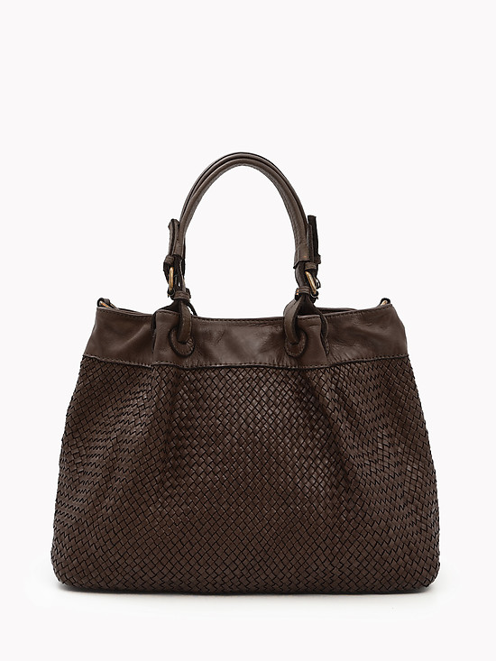 Темно-коричневая сумка-тоут из мягкой кожи с плетением в винтажном стиле  Folle