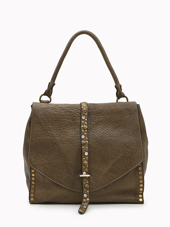 Серо-бежевая сумка-сэтчел в стиле бохо из кожи с винтажным эффектом  Folle