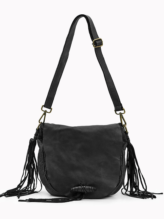 Черная сумочка кросс-боди из мягкой кожи с винтажным эффектом и бахромой  Folle