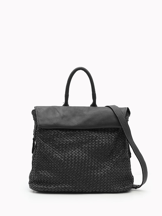 Сумка-рюкзак из мягкой винтажной кожи с плетением черного цвета  Folle