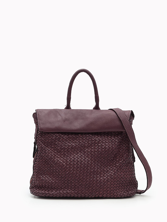 Сумка-рюкзак из мягкой винтажной кожи с плетением бордового цвета  Folle