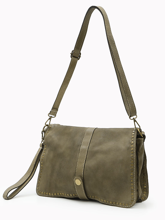 Оливковая сумка кросс-боди среднего размера из кожи с винтажным эффектом  Folle