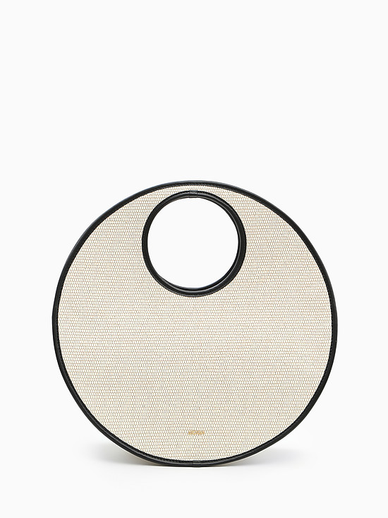 Бежевая круглая сумка-тоут из плетеной соломки рафии  с черными кожаными вставками  Arcadia