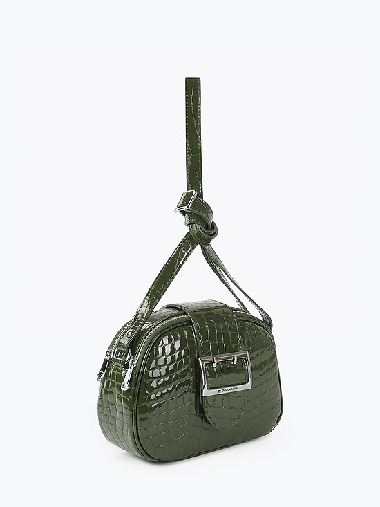 Темно-оливковая сумочка кросс-боди из лаковой кожи под крокодила с двумя отделами  Di Gregorio