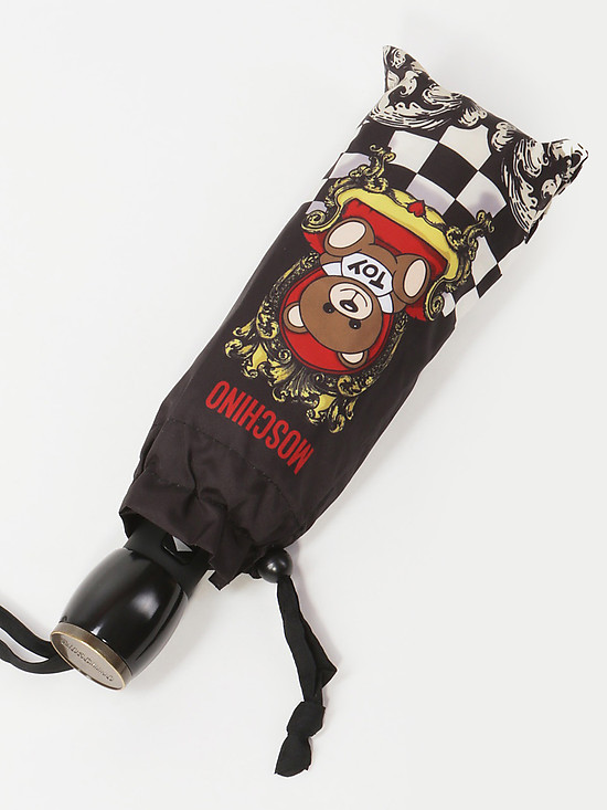 Черный складной зонт-автомат с ярким принтом  Moschino