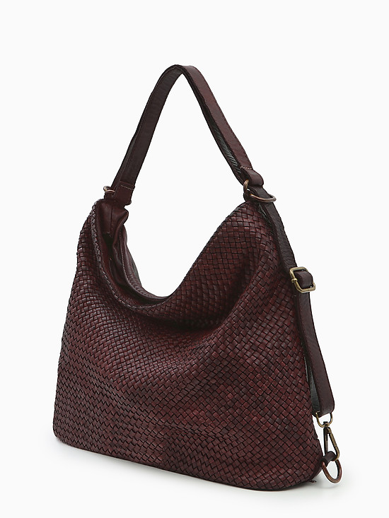 Винтажная бордовая сумка-рюкзак из кожи с плетеным тиснением  Folle