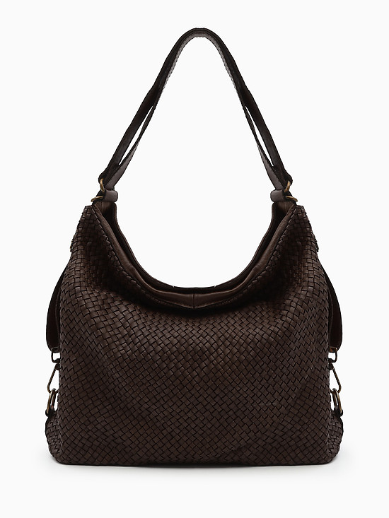 Винтажная коричневая сумка-рюкзак из кожи с плетеным тиснением  Folle
