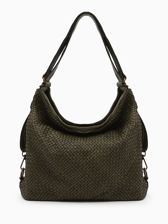 Винтажная оливковая сумка-рюкзак из кожи с плетеным тиснением  Folle