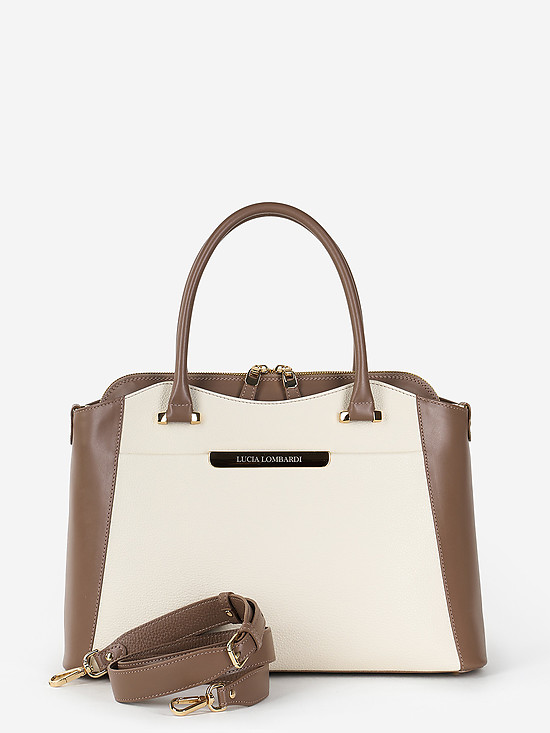 Комбинированная сумка-тоут из светло-бежевой и серо-бежевой кожи  Lucia Lombardi
