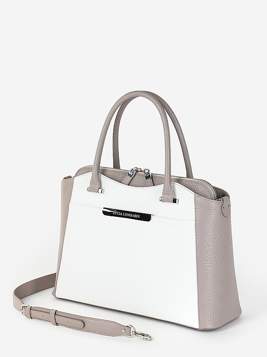 Комбинированная сумка-тоут из белой и бежево-серой кожи  Lucia Lombardi
