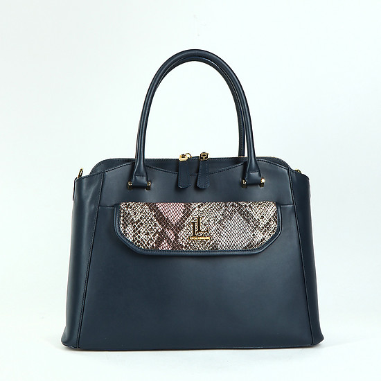 Синяя деловая сумка-тоут из гладкой кожи с декором под питона  Lucia Lombardi