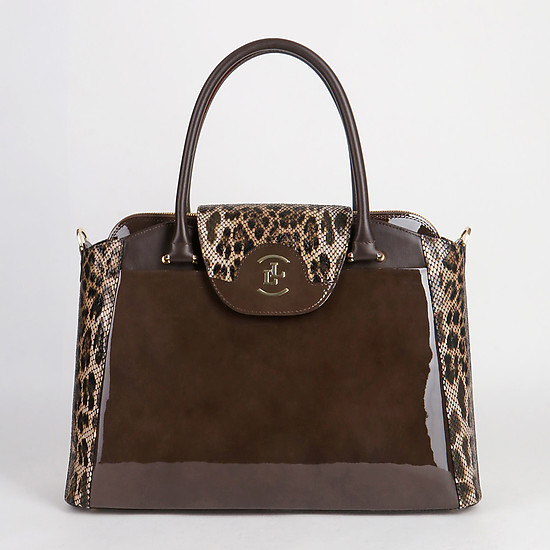 Лаковая сумка-тоут среднего размера в коричневом цвете с леопардовыми акцентами  Lucia Lombardi