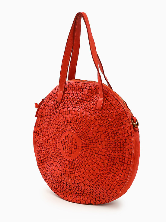 Оранжевая винтажная круглая сумка из натуральной кожи и соломки  Folle
