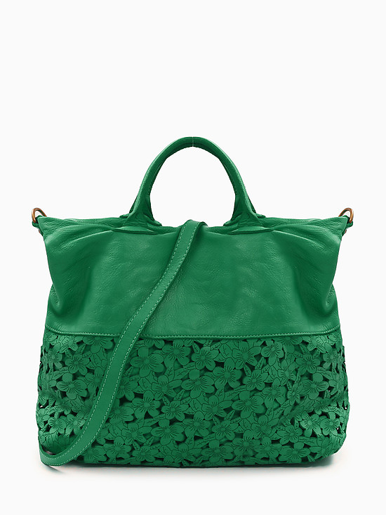 Зеленый винтажный тоут из кожи с перфорированными цветами  Folle