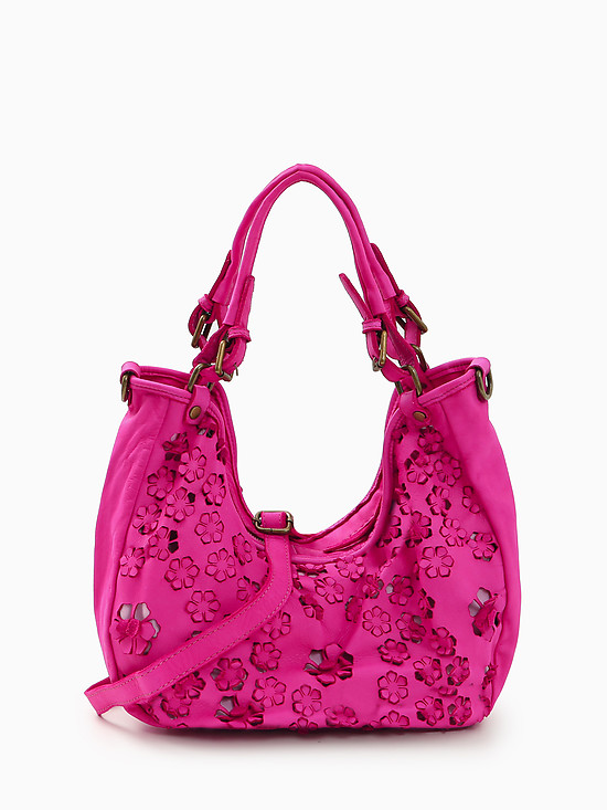 Ярко-розовая винтажная сумка-хобо из кожи с объемными цветами  Folle