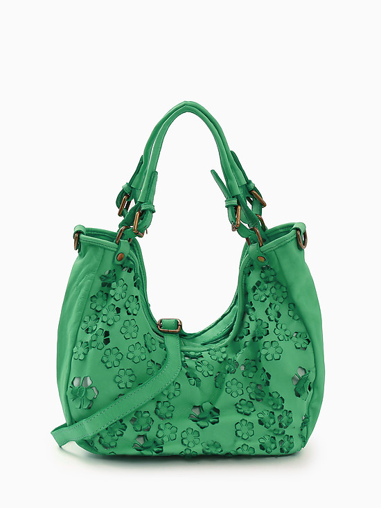 Зеленая винтажная сумка-хобо из кожи с объемными цветами  Folle