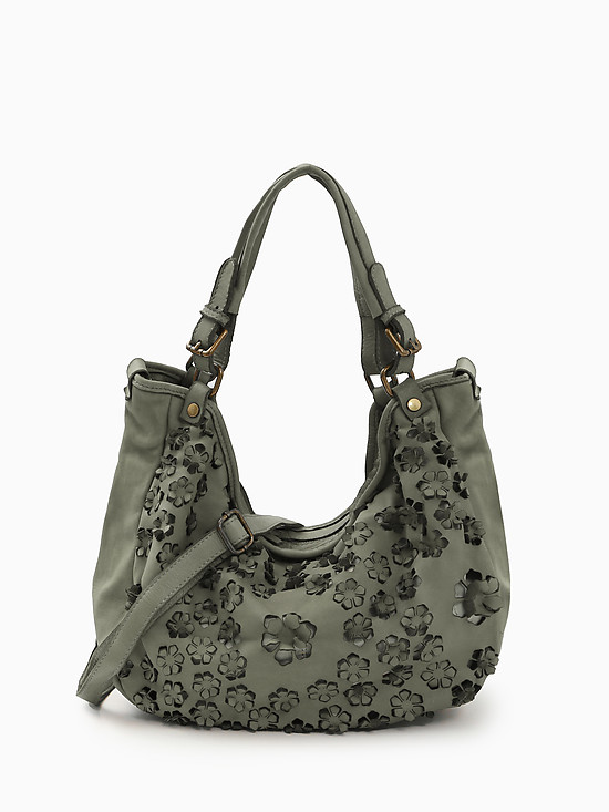Оливковая винтажная сумка-хобо из кожи с объемными цветами  Folle