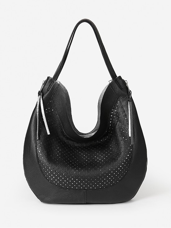 Мягкая сумка-хобо из черной кожи с перфорацией  Innue