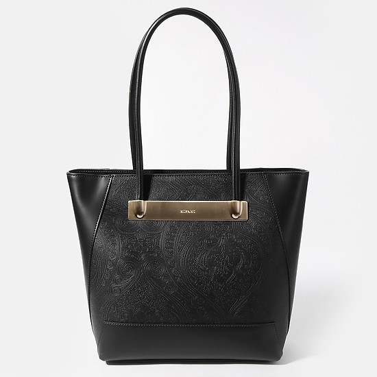 Черная сумка-тоут из натуральной плотной кожи с узором  Ripani