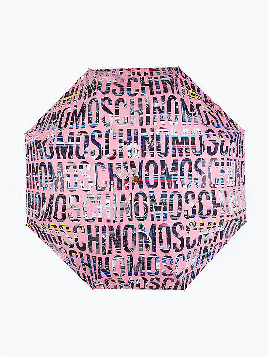 Розовый зонт-автомат с принтом бренда  Moschino