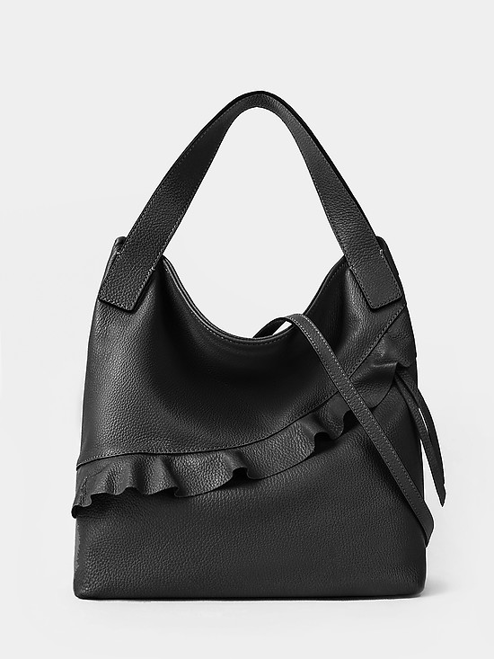 Мягкая черная сумка-хобо из натуральной кожи с оборкой  Ripani