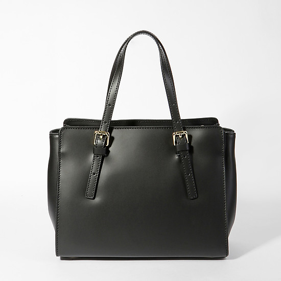 Классическая черная женская сумка с тремя отделами из натуральной кожи  Di Gregorio