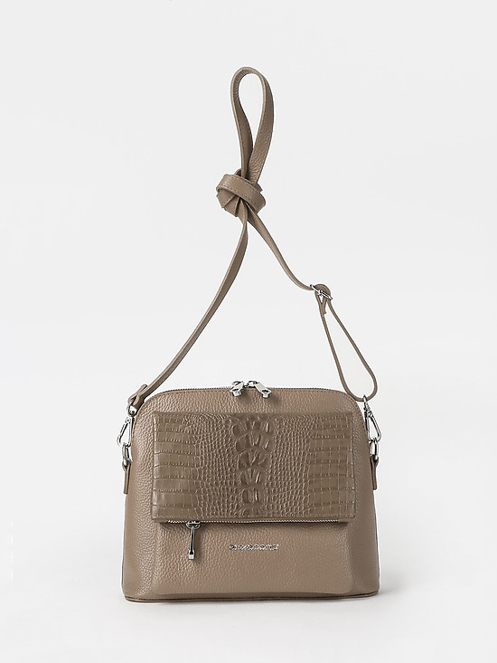 Серо-бежевая кожаная сумочка кросс-боди с накладным карманом  Di Gregorio