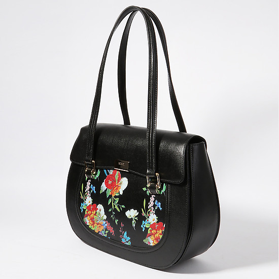 Полукруглая сумка-тоут из сафьяновой кожи в черном цвете с принтом  Ripani