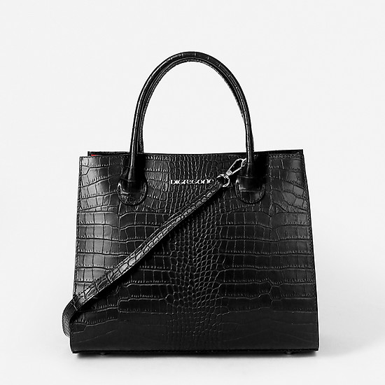 Форматная черная сумка из кожи под крокодила с контрастной отделкой по бокам  Di Gregorio