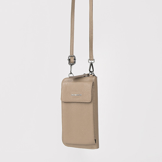 Бежевая кожаная сумочка-кошелек с ремешком на шею  Di Gregorio