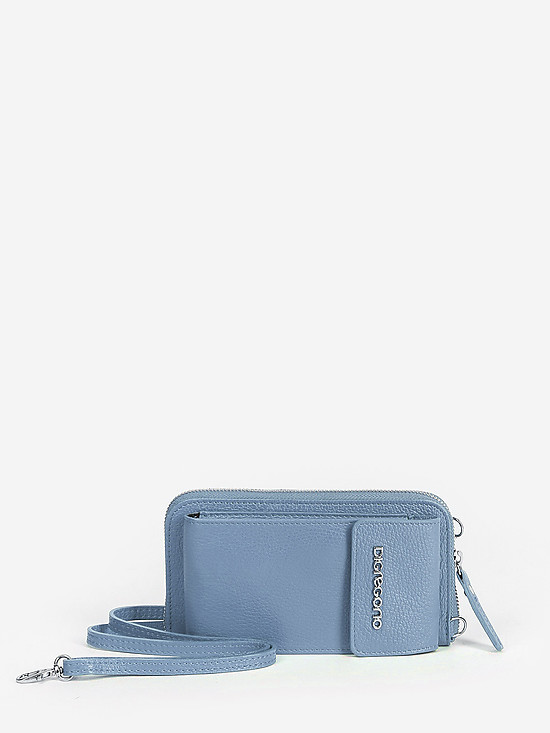 Голубая кожаная сумочка-кошелек с ремешком на шею  Di Gregorio