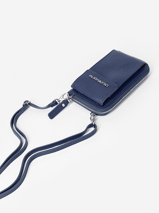 Синяя кожаная сумочка-кошелек с ремешком на шею  Di Gregorio