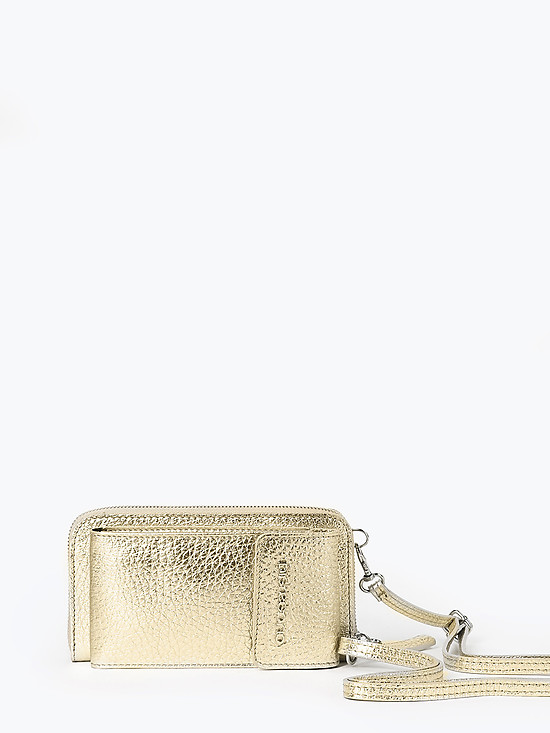 Золотистая кожаная сумочка-кошелек с ремешком на шею  Di Gregorio