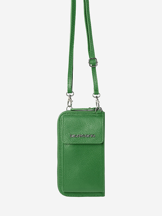 Зеленая кожаная сумочка-кошелек с ремешком на шею  Di Gregorio