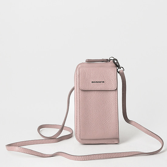 Пастельно-розовая кожаная сумочка-кошелек с ремешком на шею  Di Gregorio