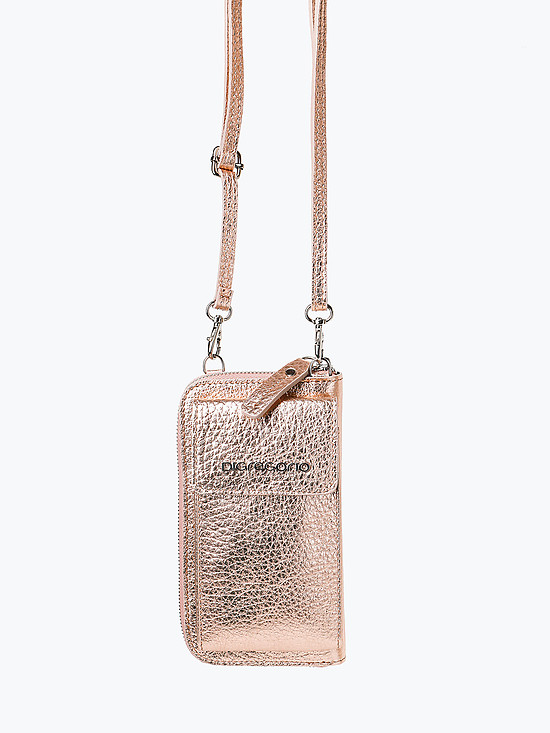 Кожаная сумочка-кошелек цвета розового золота с ремешком на шею  Di Gregorio