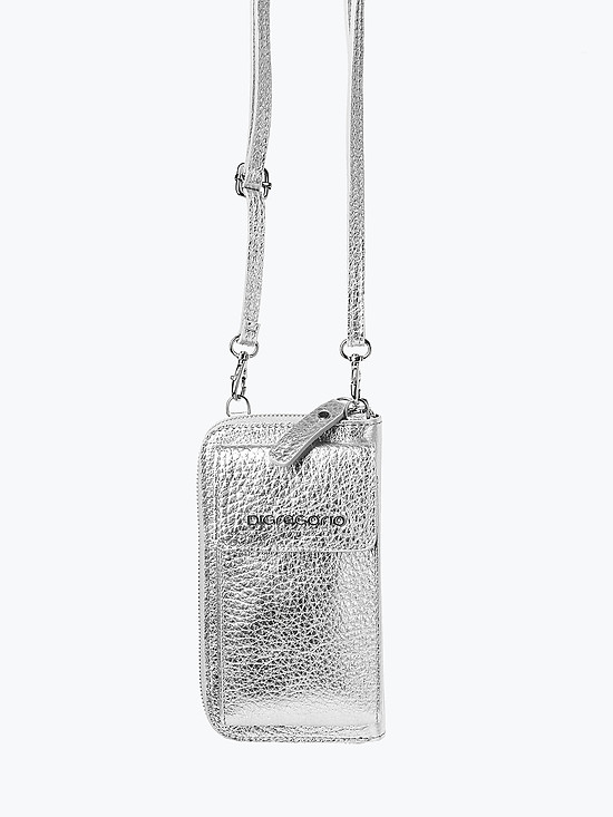 Серебристая кожаная сумочка-кошелек с ремешком на шею  Di Gregorio