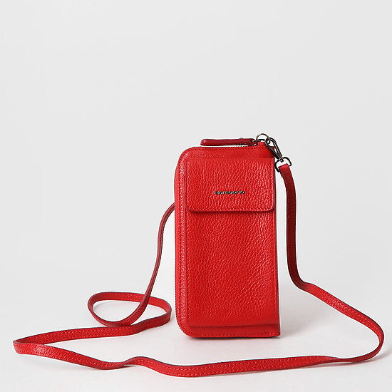 Красная кожаная сумочка-кошелек с ремешком на шею  Di Gregorio