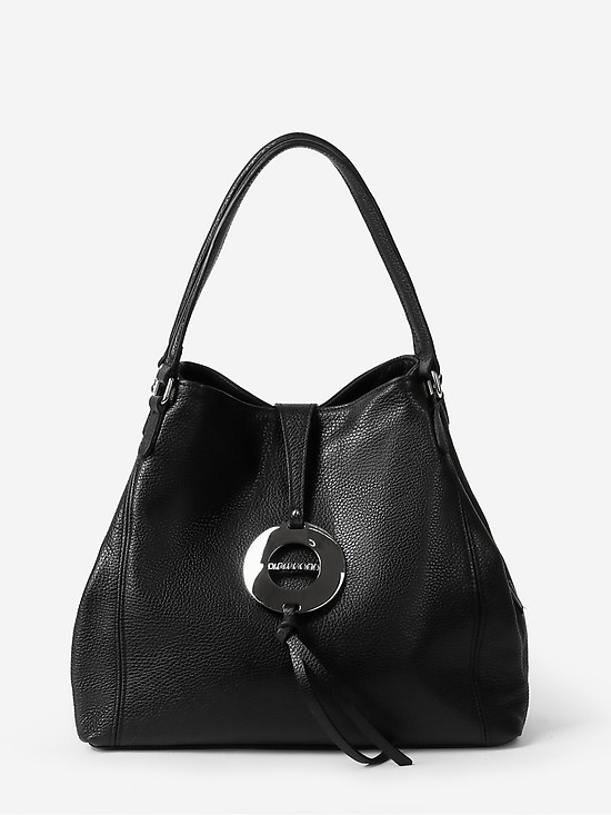 Черная сумка-тоут из мягкой кожи с тремя отделами и ручками на плечо  Di Gregorio