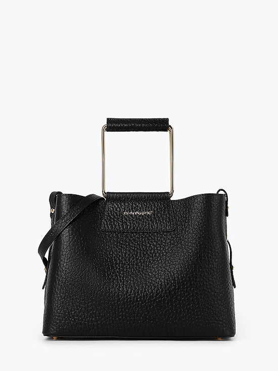 Черная сумка-шоппер из крупнозернистой кожи с квадратными металлическими ручками  Di Gregorio