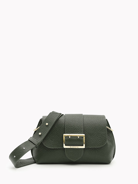 Кожаная сумочка кросс-боди темно-оливкового цвета - багет с пряжкой и широким ремешком  Di Gregorio