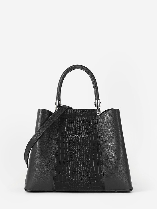 Небольшая черная сумка-тоут из зернистой кожи и кожи под крокодила  Di Gregorio