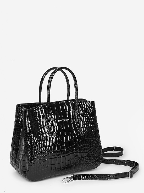Классическая сумка-тоут из черной лаковой кожи под крокодила  Di Gregorio