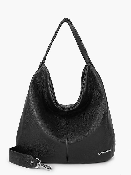 Черная сумка хобо из мягкой кожи с широким наплечным ремешком  Di Gregorio