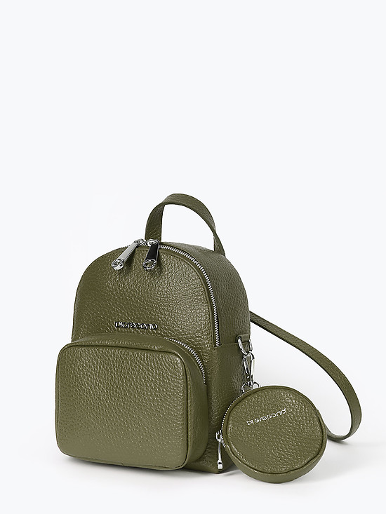 Комплект из небольшого кожаного рюкзака и круглой микро-сумочки оливкового цвета  Di Gregorio