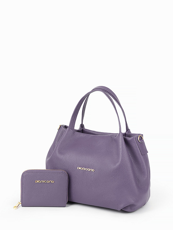 Фиолетовая сумка-тоут из мягкой кожи с кошельком в комплекте  Di Gregorio