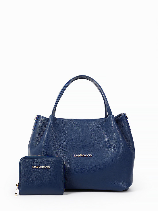Синяя сумка-тоут из мягкой кожи с кошельком в комплекте  Di Gregorio